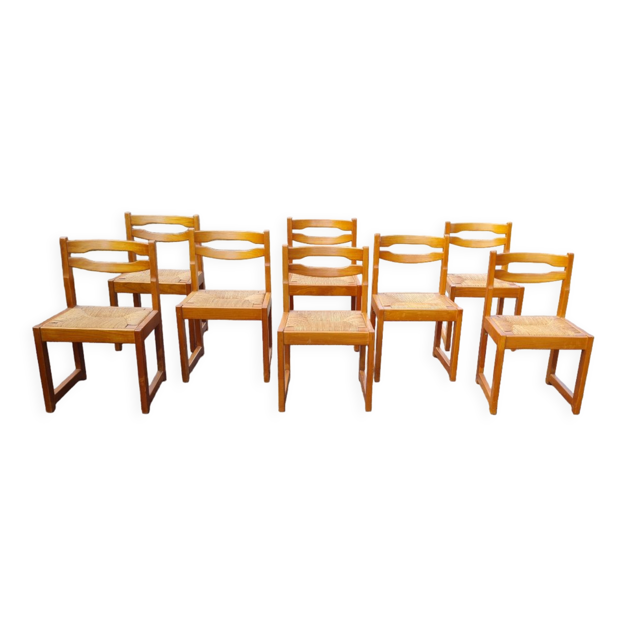 Set of 8 chairs in elm and straw by Maison Regain