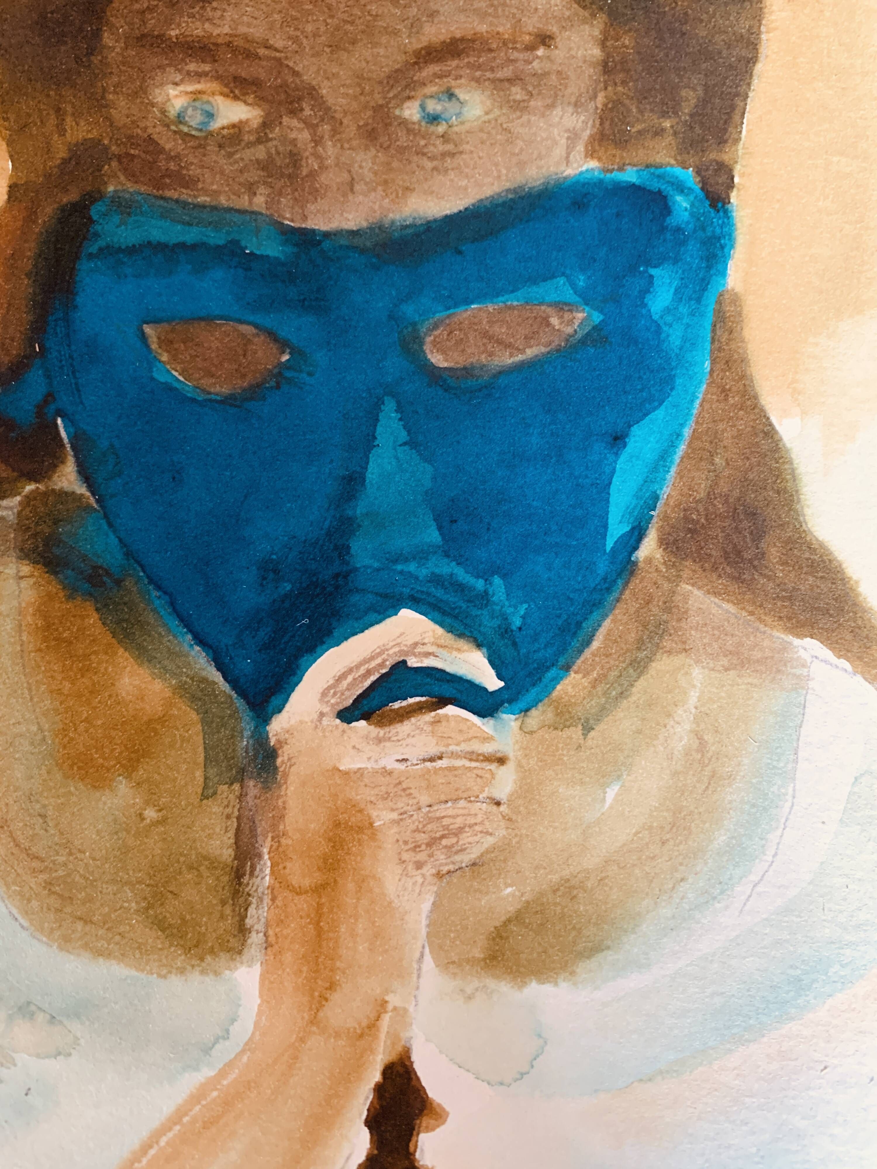 Signed painting of a female portrait at the Carnival of Venice "the blue mask"