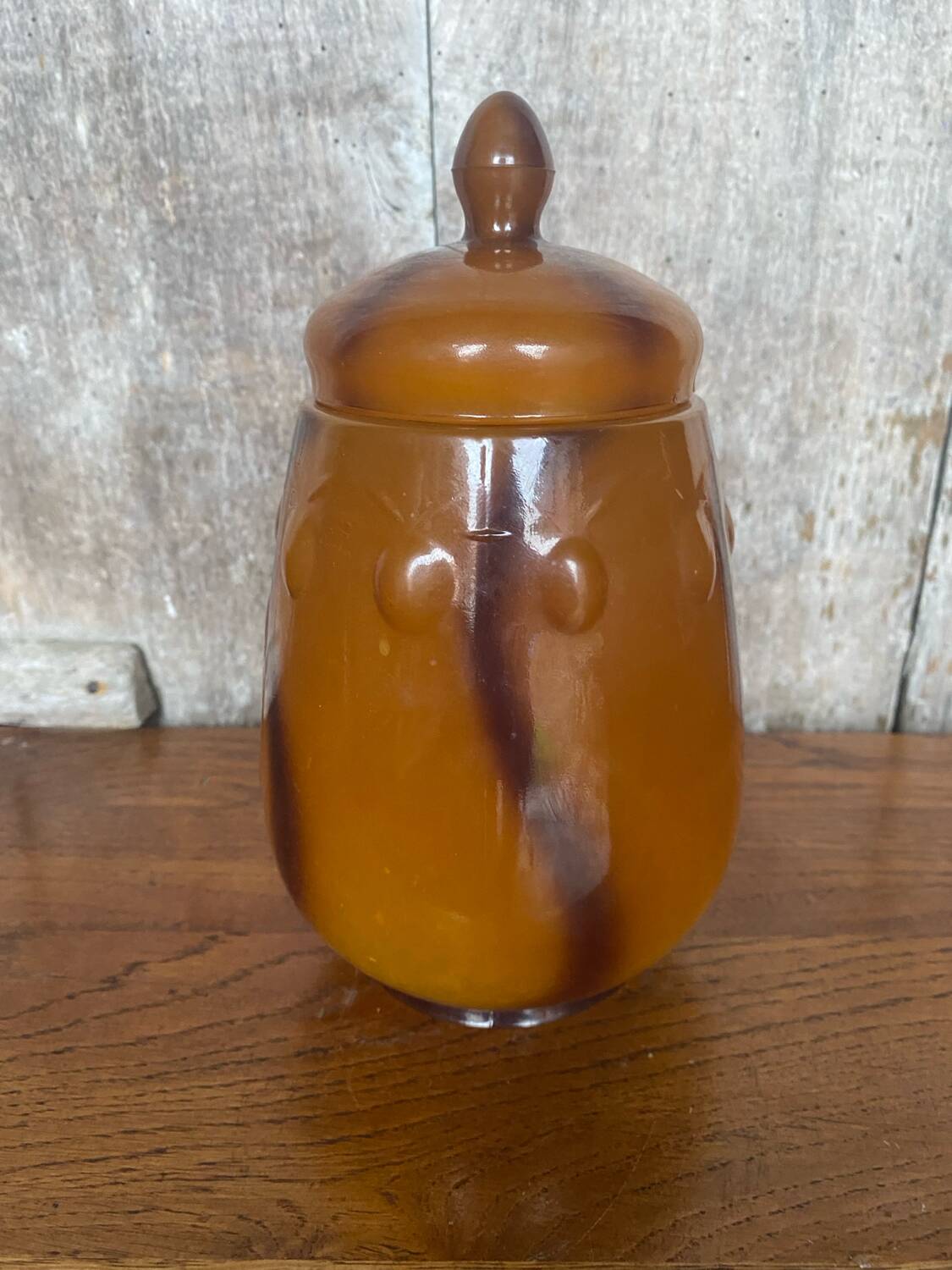 Antique Orange Marbled Glass Jar Pot + Vintage Kitchen Lid #B721