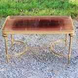 70s Neoclassical Style Coffee Table in Gilded Brass with Mahogany Veneer Top