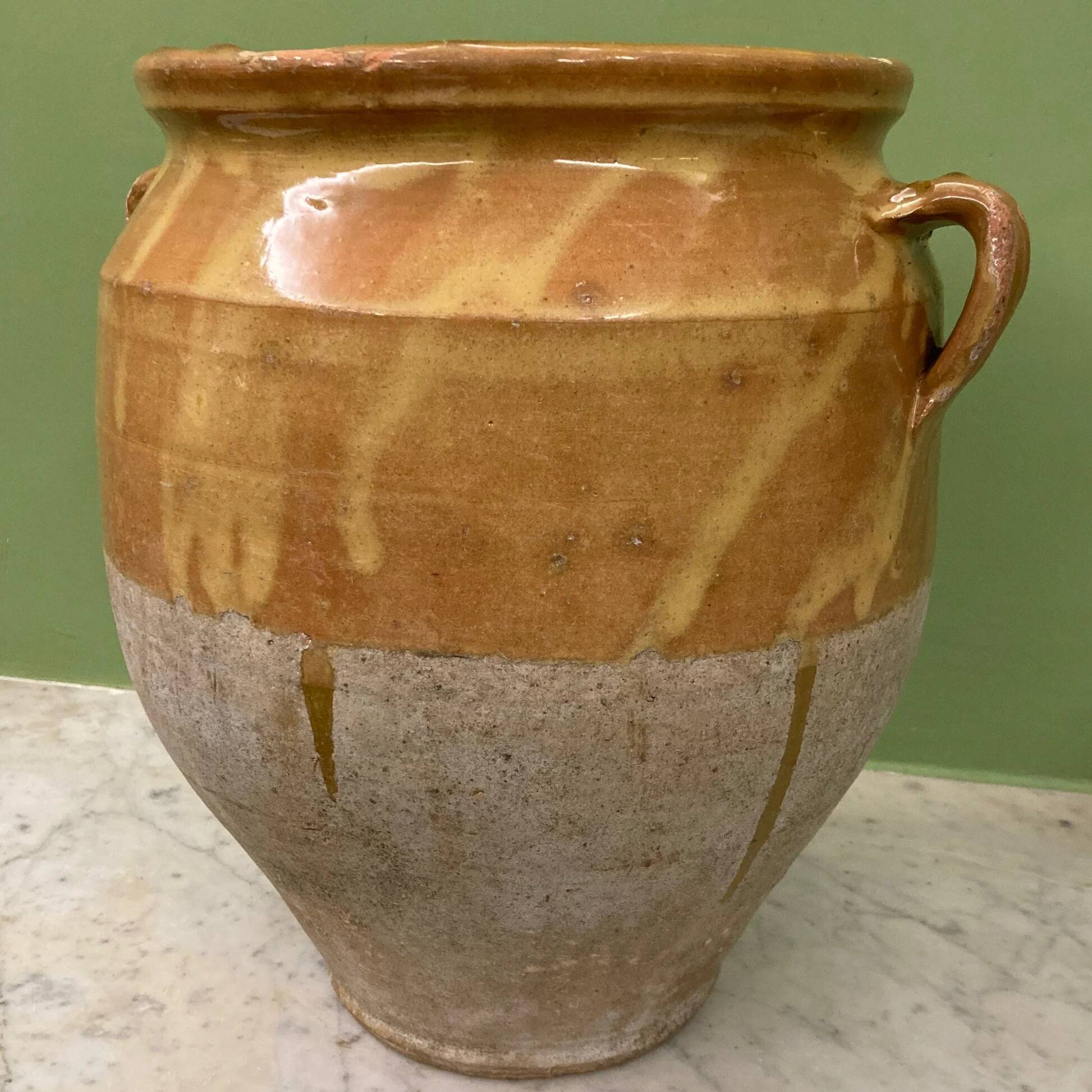 19th-century confit pot. Glazed yellow terracotta pottery.