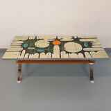 Vintage coffee table from the 60s and 70s in ceramic, chrome metal, and wood.