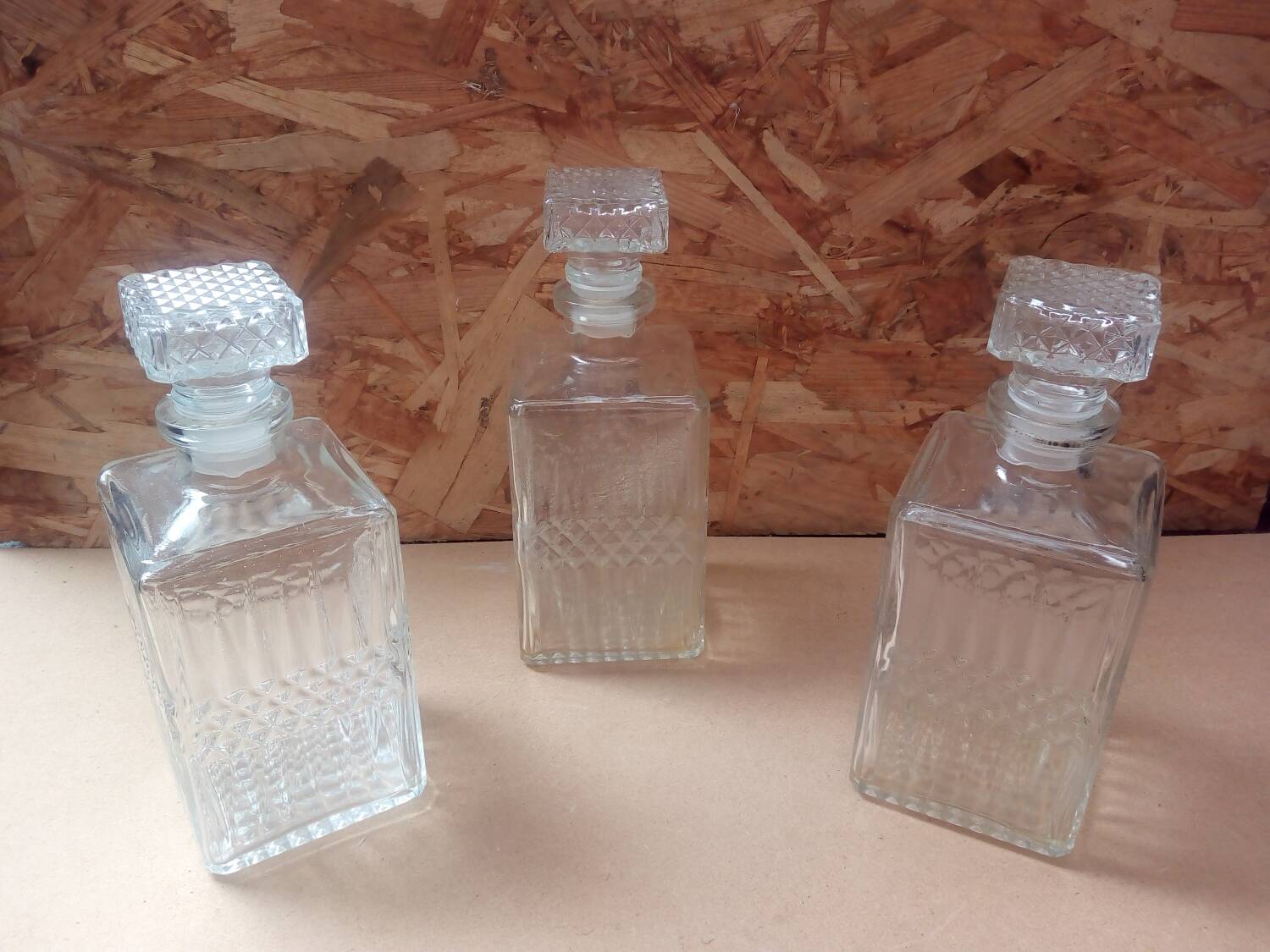 Set of 3 molded glass whiskey liqueur carafes + vintage stoppers