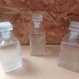 Set of 3 molded glass whiskey liqueur carafes + vintage stoppers