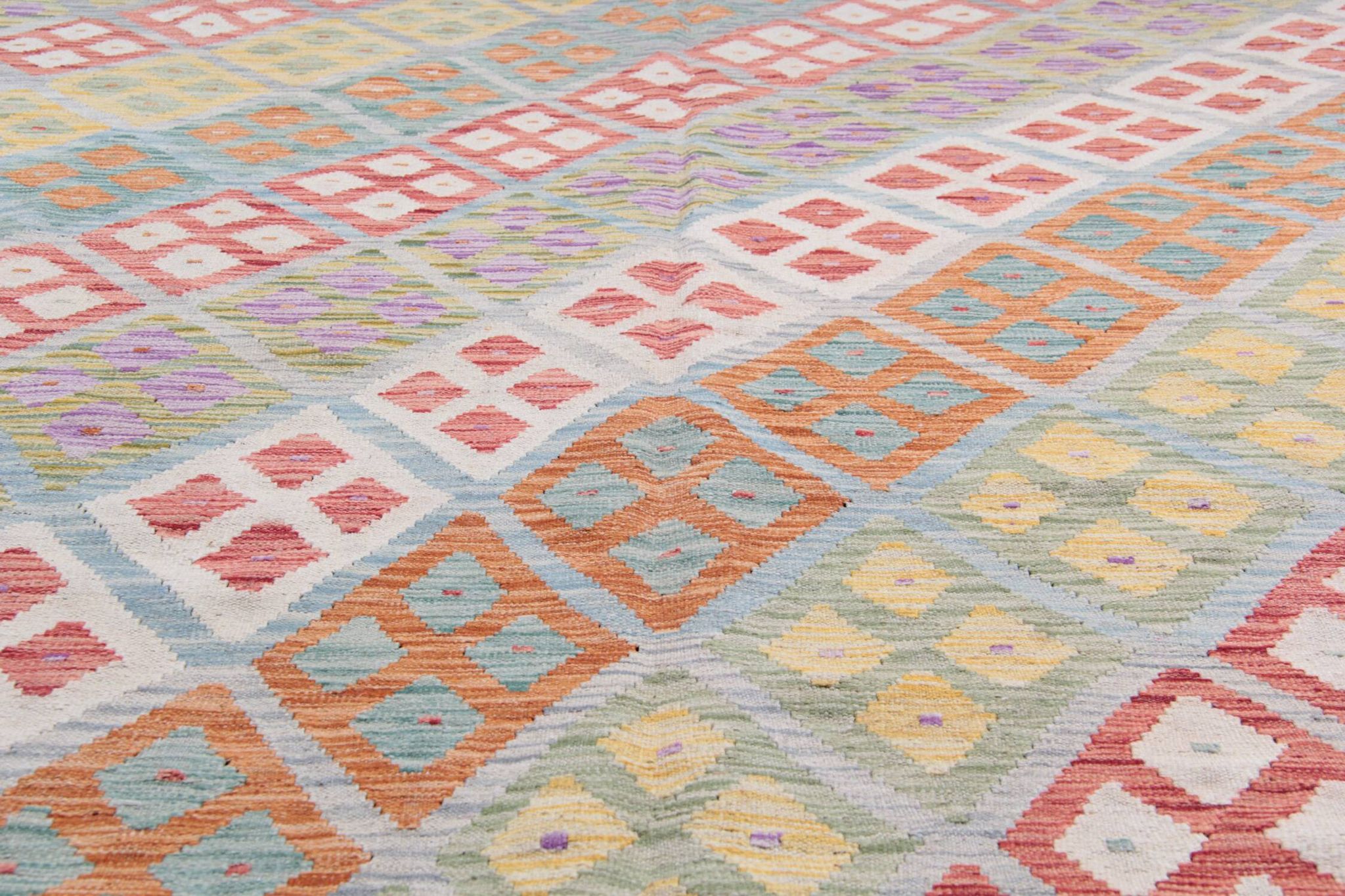Tapis Kilim afghan multicolore : tissage plat contemporain en laine à rayures 296 x 202 cm