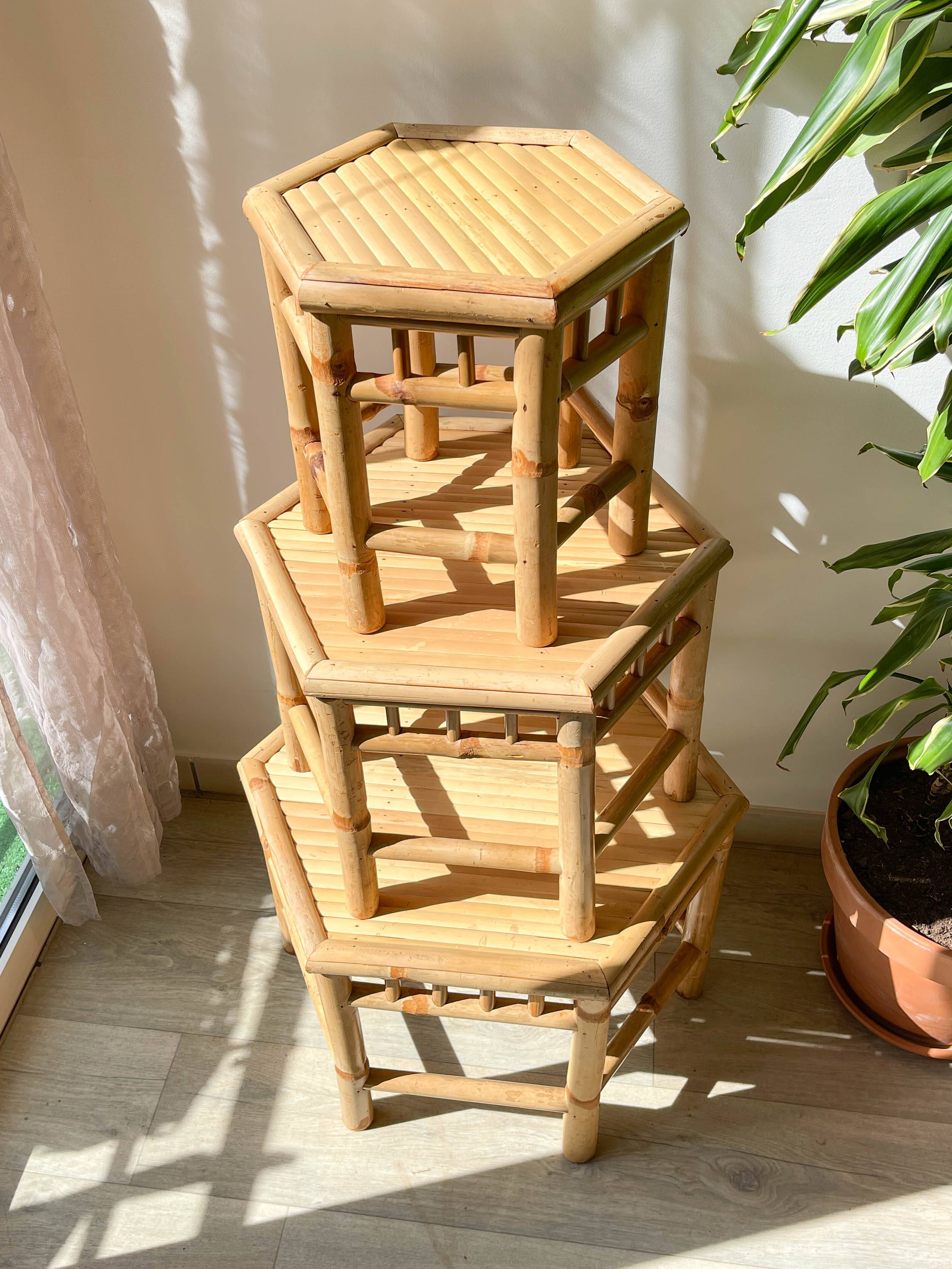 3 Vintage Bamboo Hexagonal Nesting Coffee Tables, 1970s
