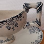 Gravy boat on foot in blue/green iron clay model "Mignon", H & Cie Sarreguemines