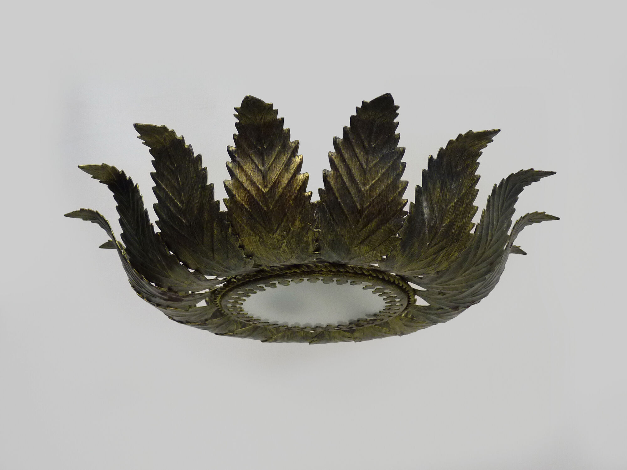 Sun ceiling lamp, double light gilded metal foliage, year 70