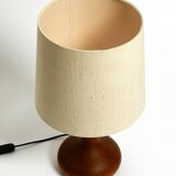 Beautiful minimalist 80s DOMUS teak table lamp with original wild silk fabr