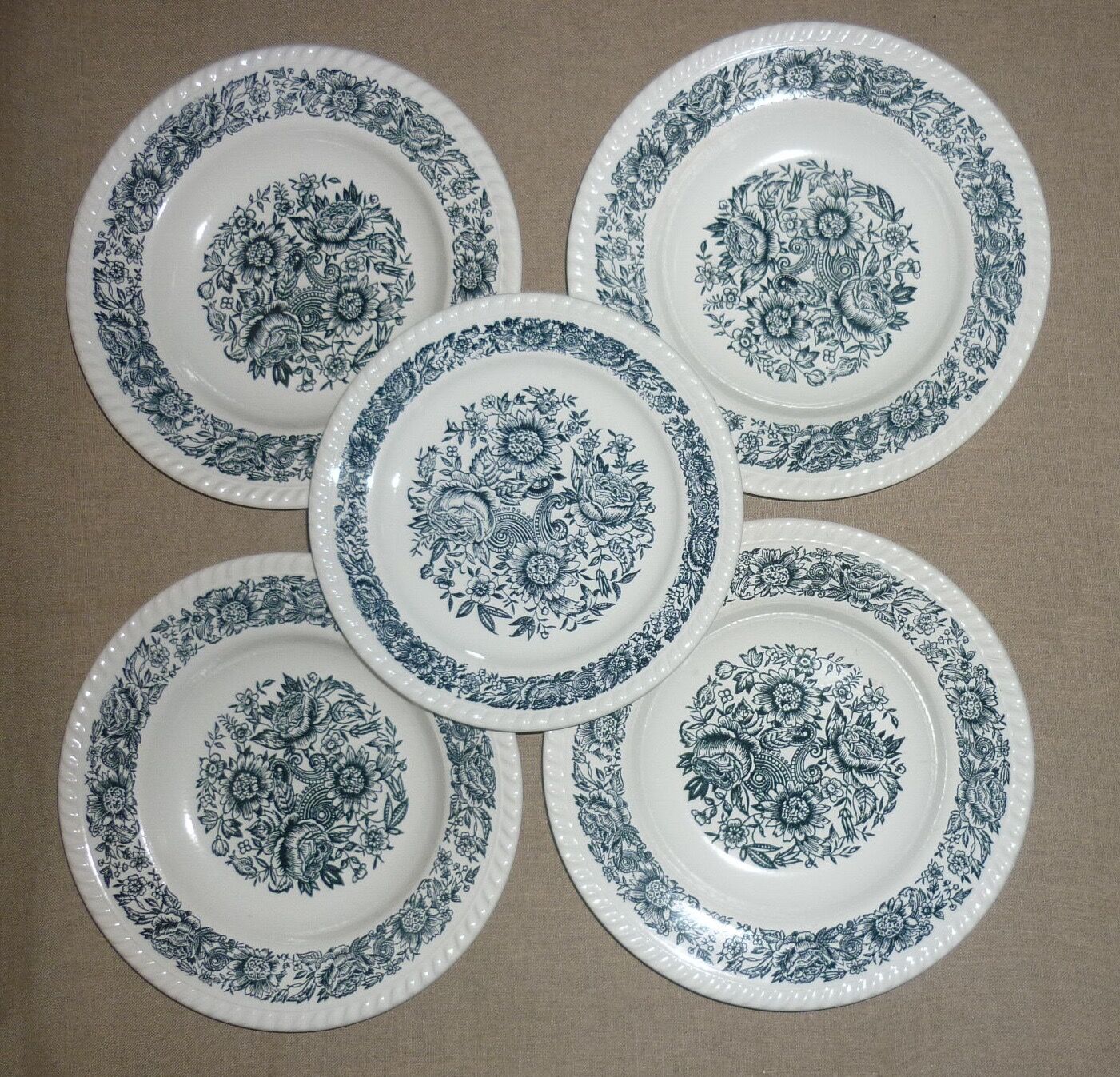 5 antique white and blue ceramic plates