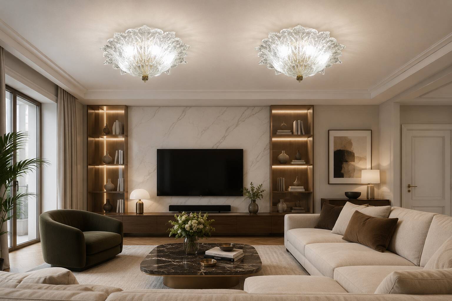 Set of 2 Amsterdam Palmetta, Italian Murano Glass Ceiling Light or Flush Mo