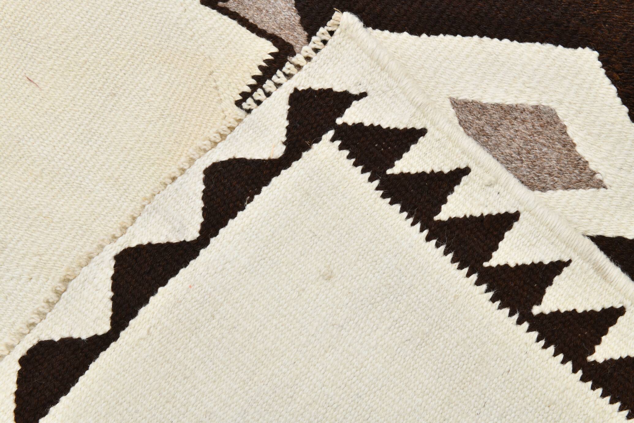 Off White & Brown Tribal Kilim Runner Rug, 101x388Cm