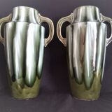 Pair of Art Deco vases in enameled earthenware with white drips on a green background
