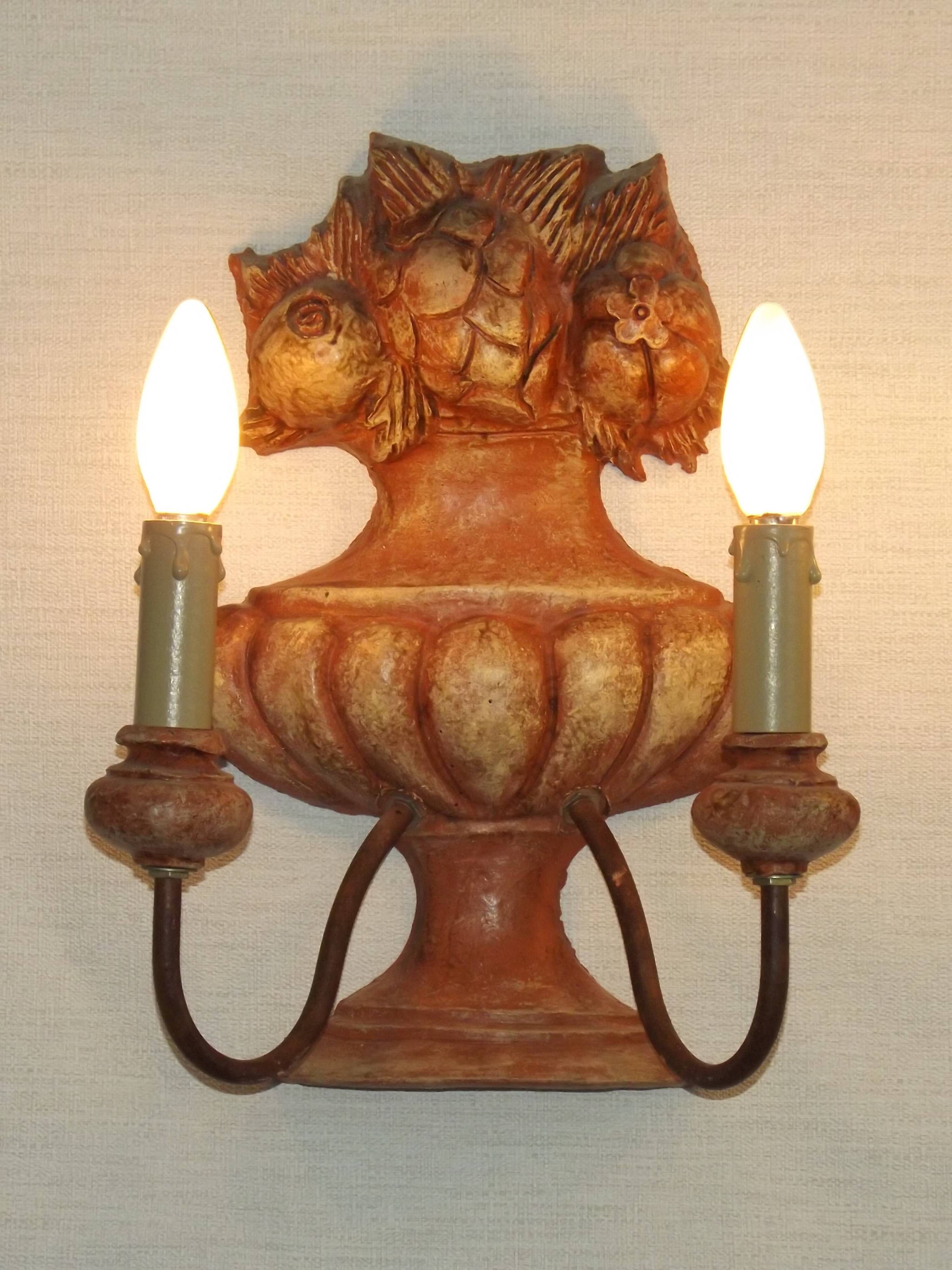 Rare Large Pair of French Terracotta Urn Fruit Basket Double Wall Lights