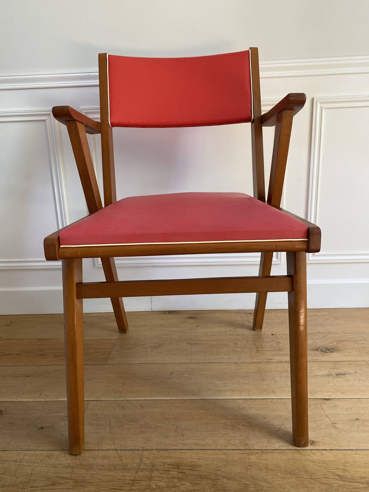 Vintage armchair from the 50s/60s – wood & red faux leather – Scandinavian style