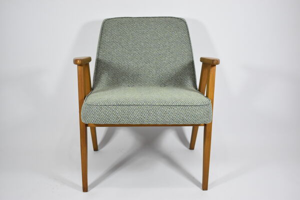 Fauteuil 366 designer J. Chierowski années 1960 tissu vert, teck