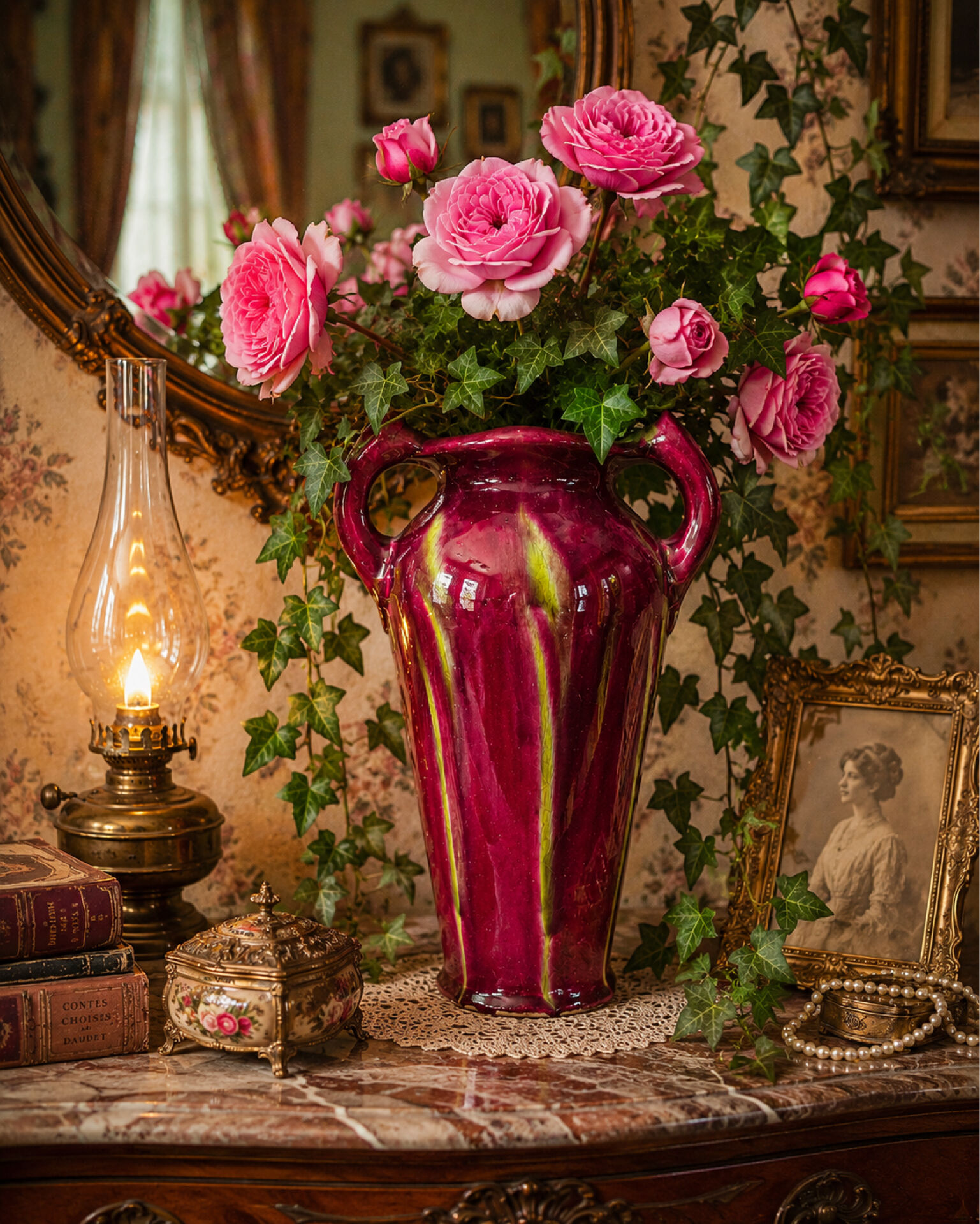 Superb Art Nouveau vase, glazed ceramic in blood red/green.