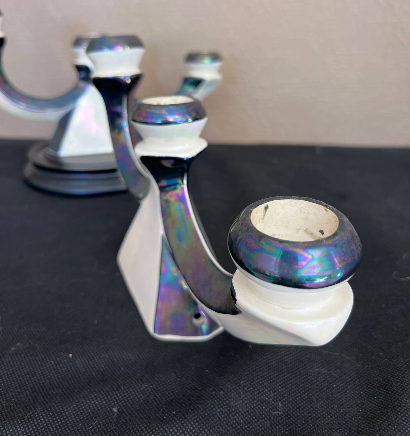 Pair of 3-branch candlesticks in iridescent two-tone ceramic from the 60s
