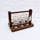 Vintage 6 liquor glasses and wood carrying tray