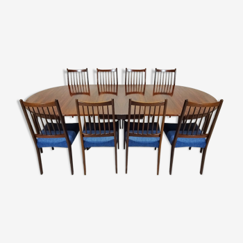 Danish Mid Century 10 seat extending rosewood dining table and 8 Arne Hovmand Olsen dining chairs