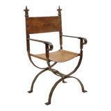 Curule armchair in wrought iron and leather