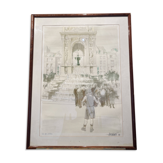 Scène de vie devant la fontaine des Innocents à Paris, tableau signé Auserwet.