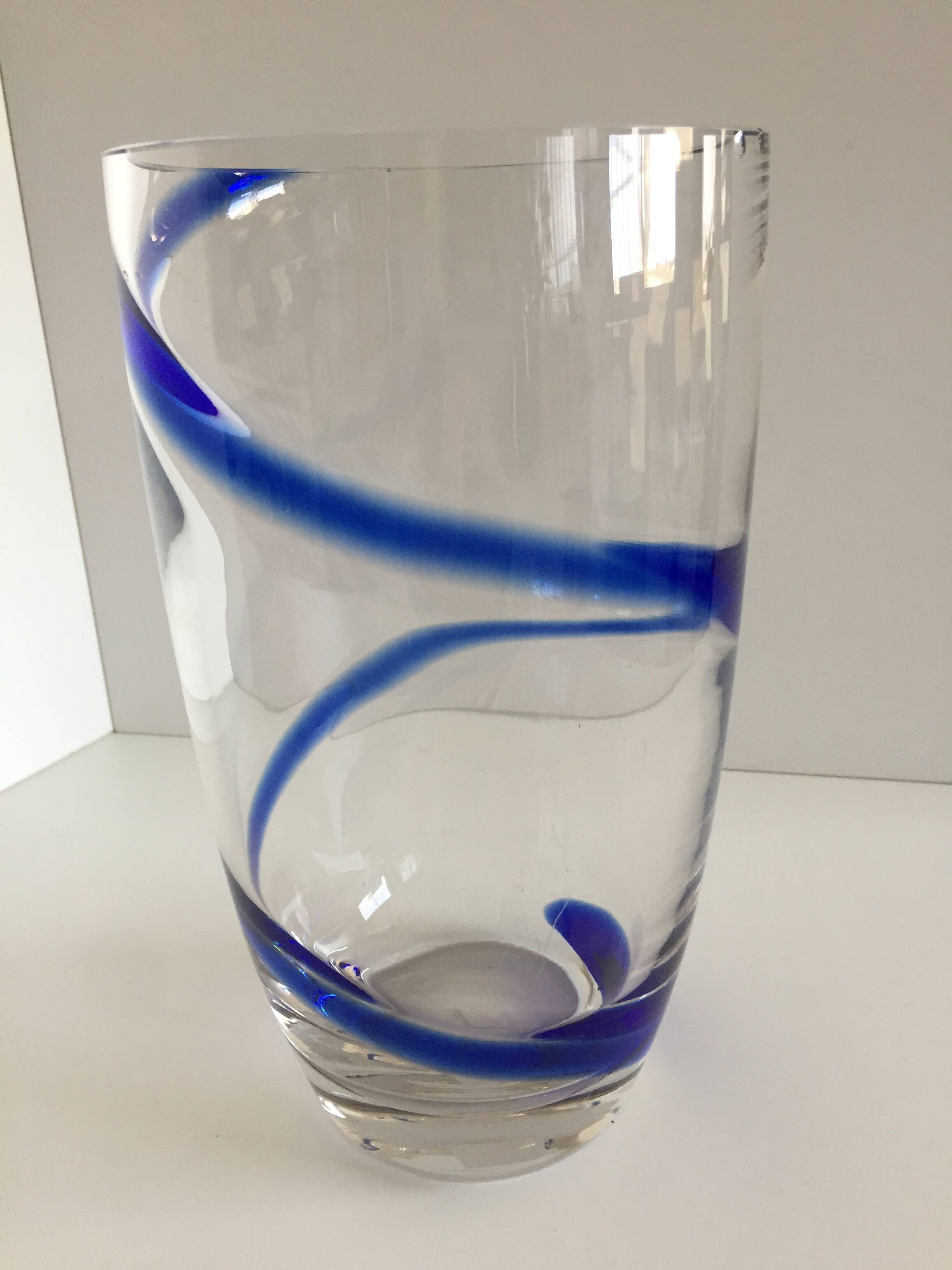 Large thick crystal glass vase modernist design cobalt edging