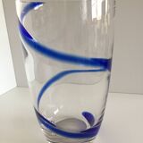 Large thick crystal glass vase modernist design cobalt edging