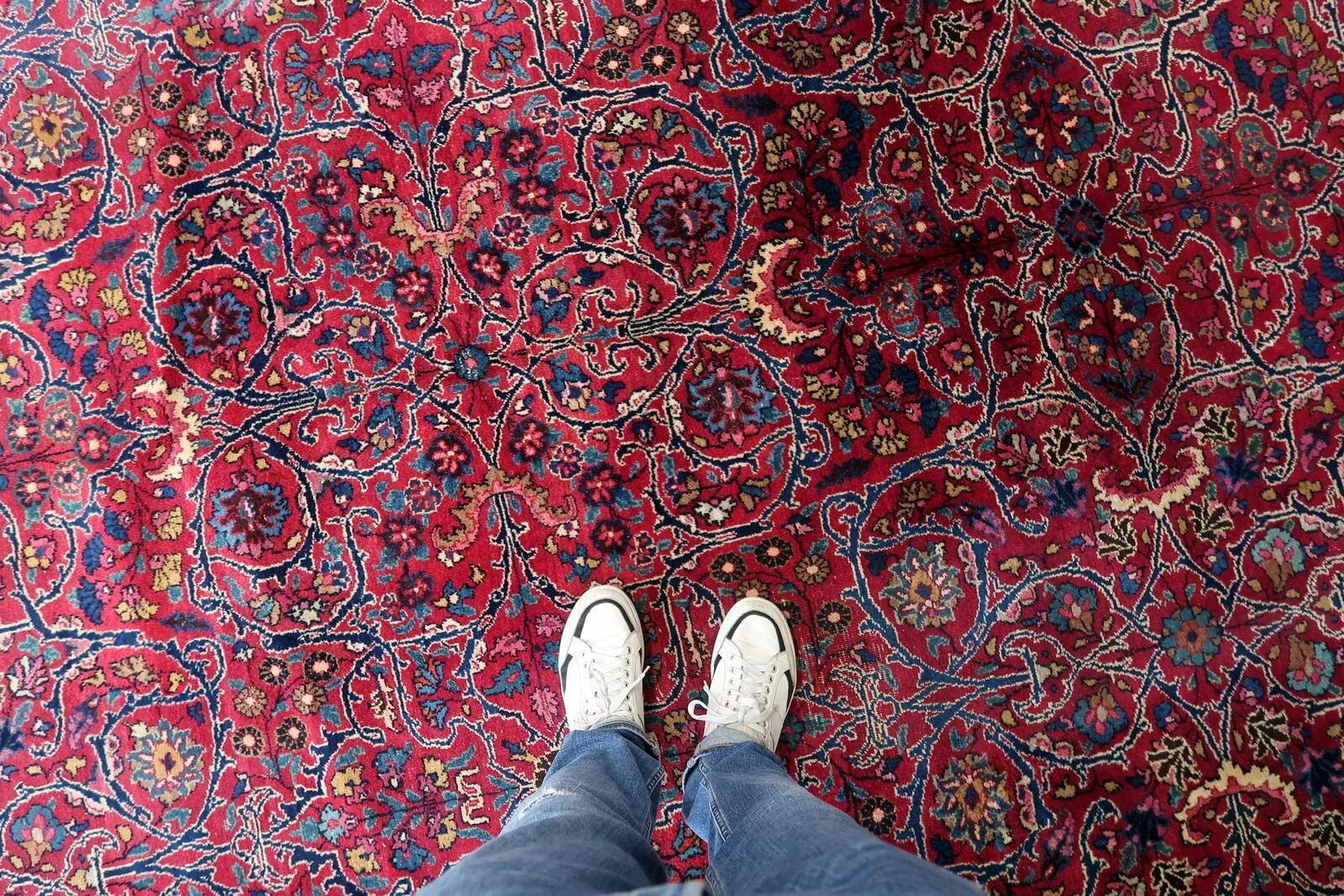 1920s Handmade Antique Wool Floral Rug, Red & Navy, 313 × 396 cm - 1C1303