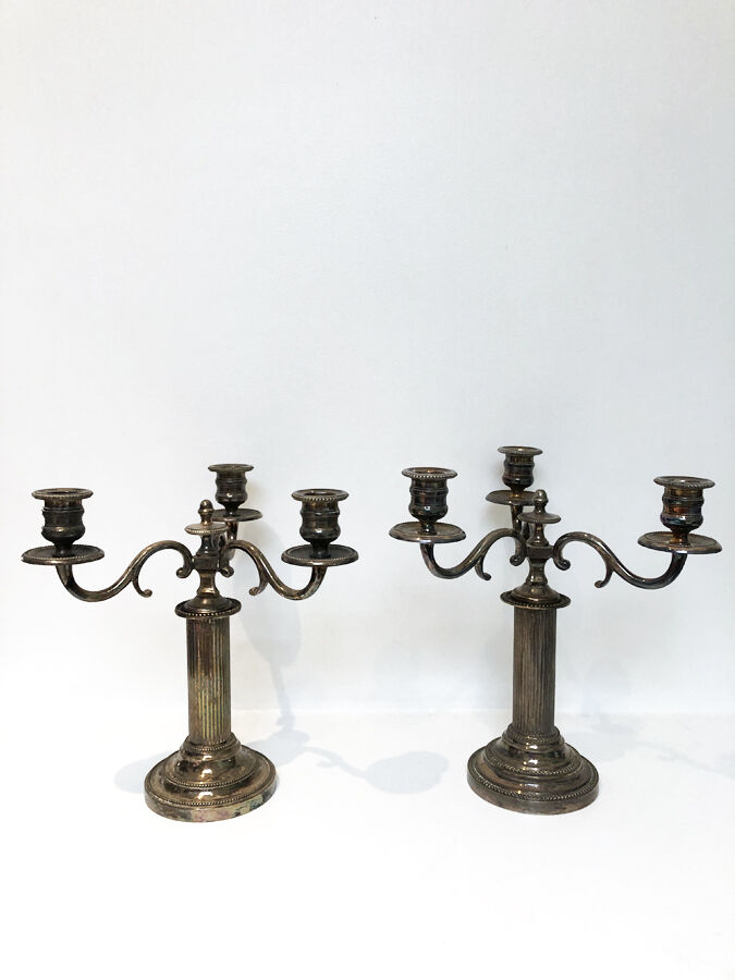 Pair of silver metal candle holders, 1950