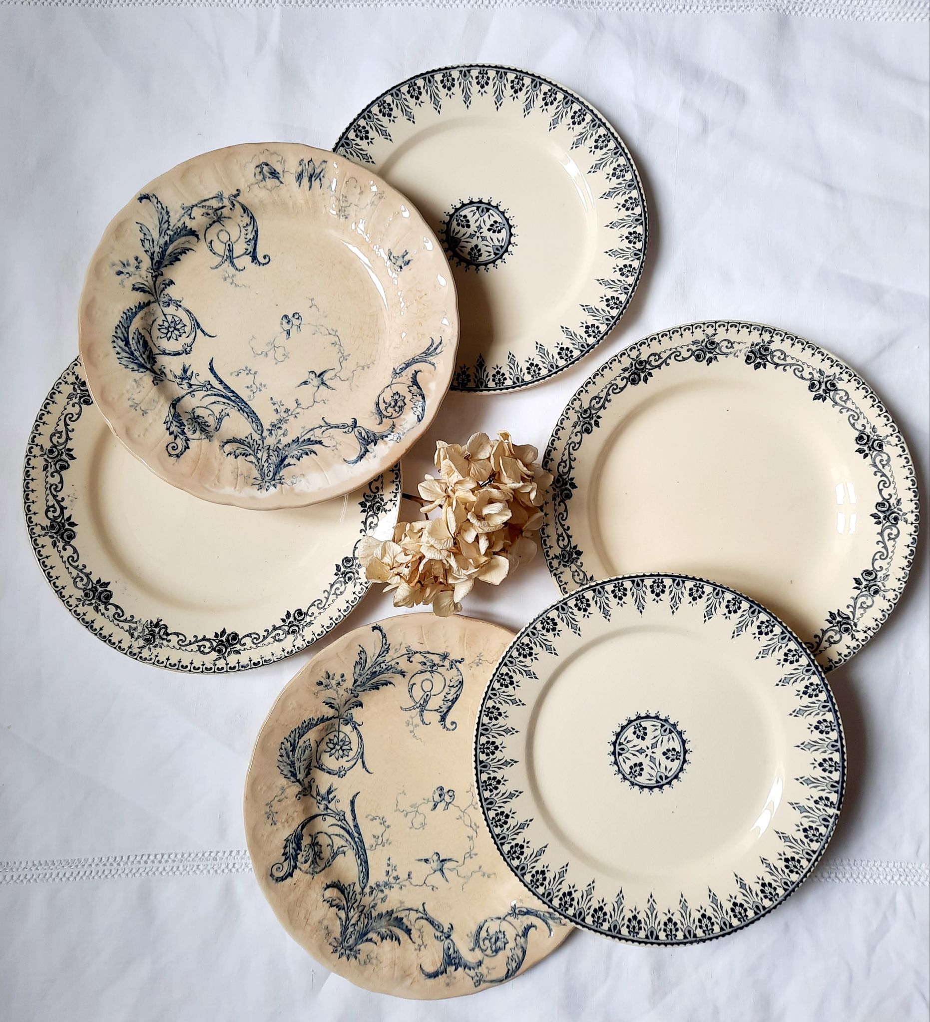 Antique dessert plates mismatched iron earth