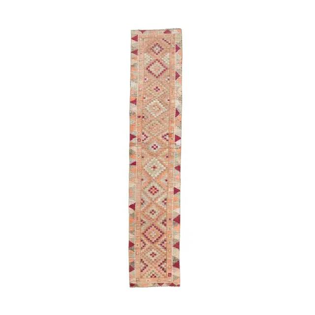 2'5x12'8 Vintage Orange Geometric Turkish Hand-Knotted Runner Rug 77x390