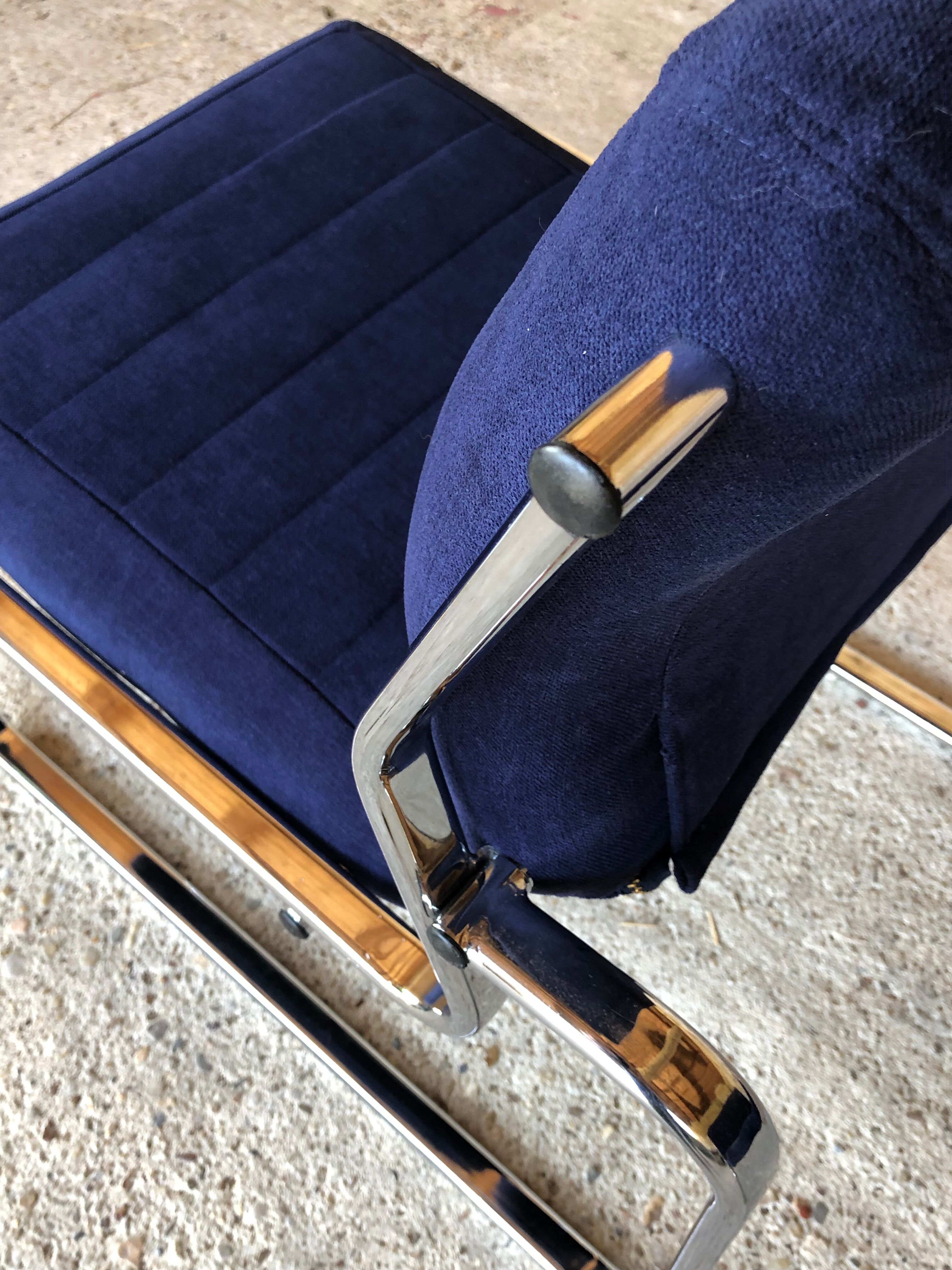 Pair of vintage chrome and blue microfibre armchairs circa 70