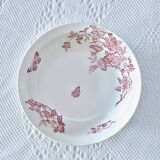 Large 19th century pink ironstone salad bowl with birds, dragonfly and butterflies, Badonviller