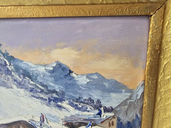 Tableau Huile sur panneau Village du Tour / Le Tour (Chamonix) Signé M Mart