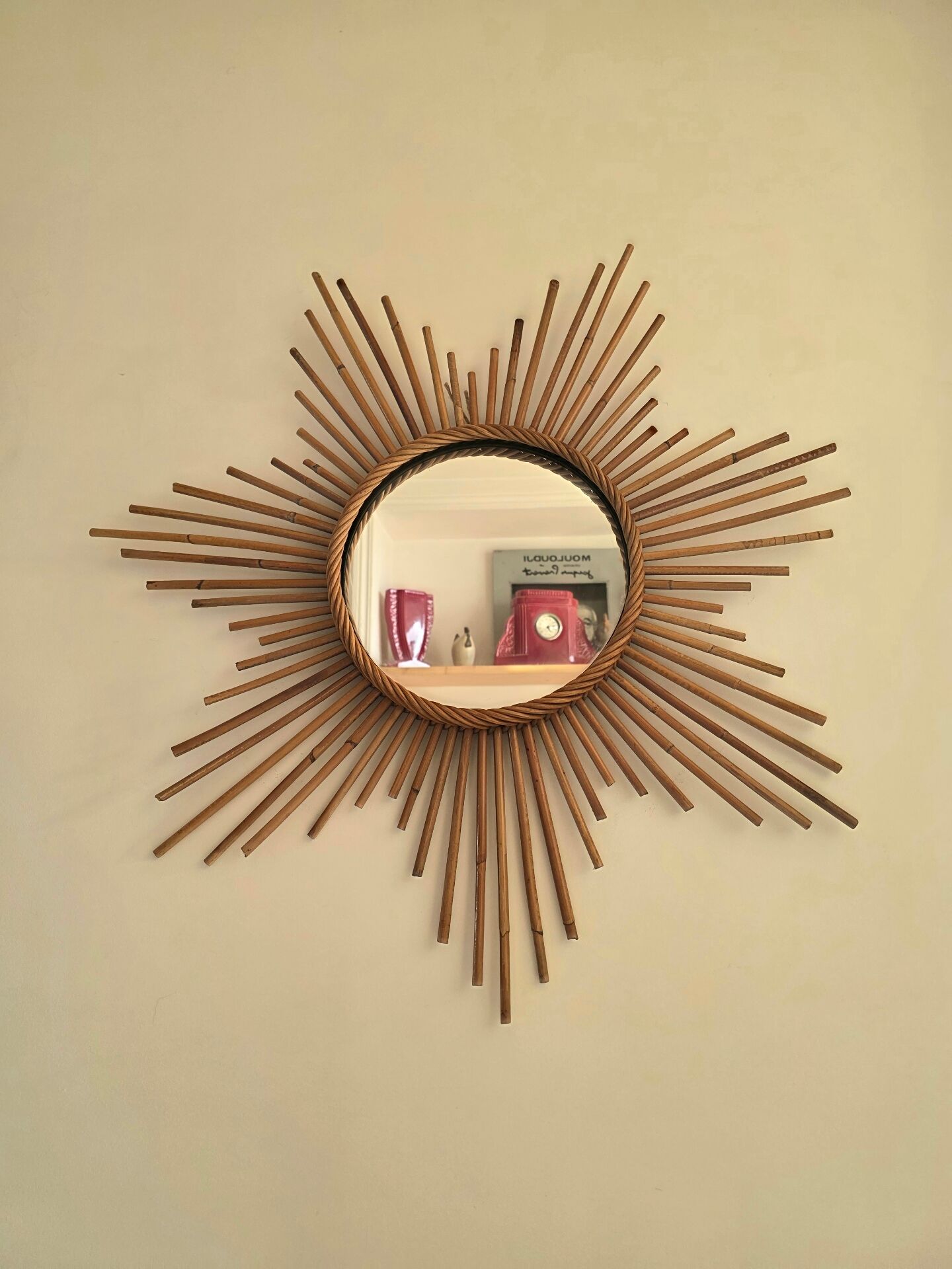 Vintage XL rattan sun mirror