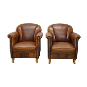 fauteuils club en cuir vintage hollandais de couleur cognac, ensemble de 2