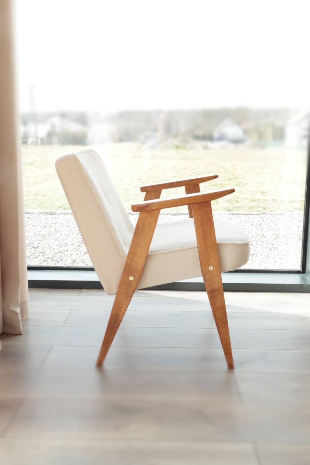 Fauteuil Lounge Vintage Crème Blanche Tissu Bois Naturel Design Scandinave