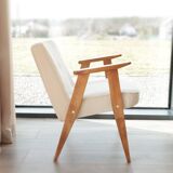 Fauteuil Lounge Vintage Crème Blanche Tissu Bois Naturel Design Scandinave