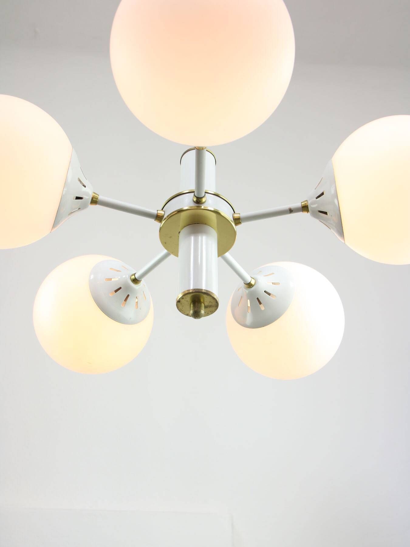 Vintage Italian Brass and Opaline Sputnik Chandelier, 1970s