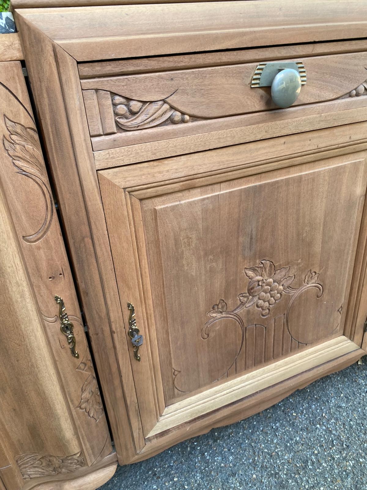 Art Deco sideboard renovated in solid walnut with Saint Laurent marble, 1930.