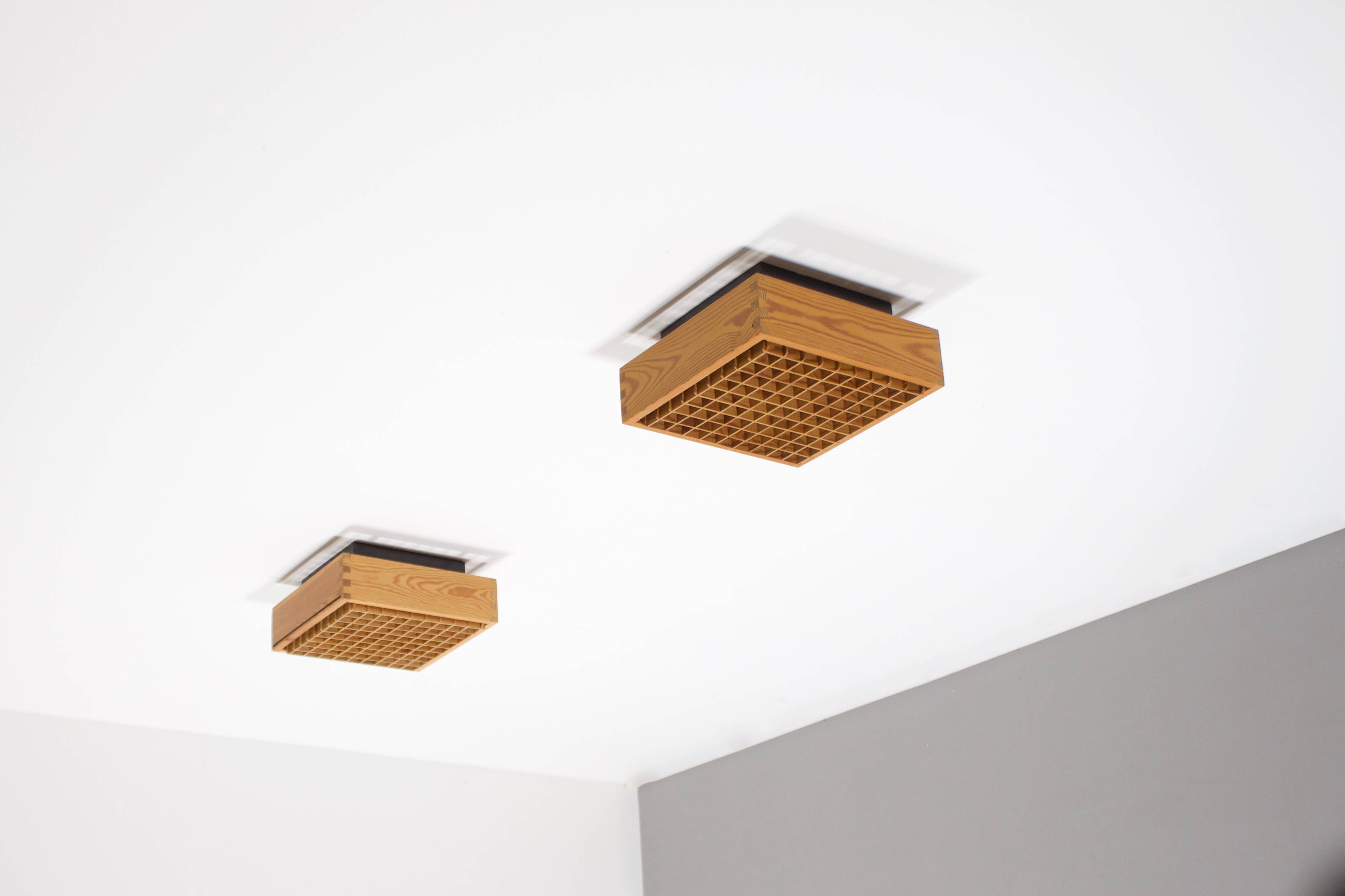 Square 1970s Pine Falkenbergs Belysning Flush Mounts, Sweden, 1970s