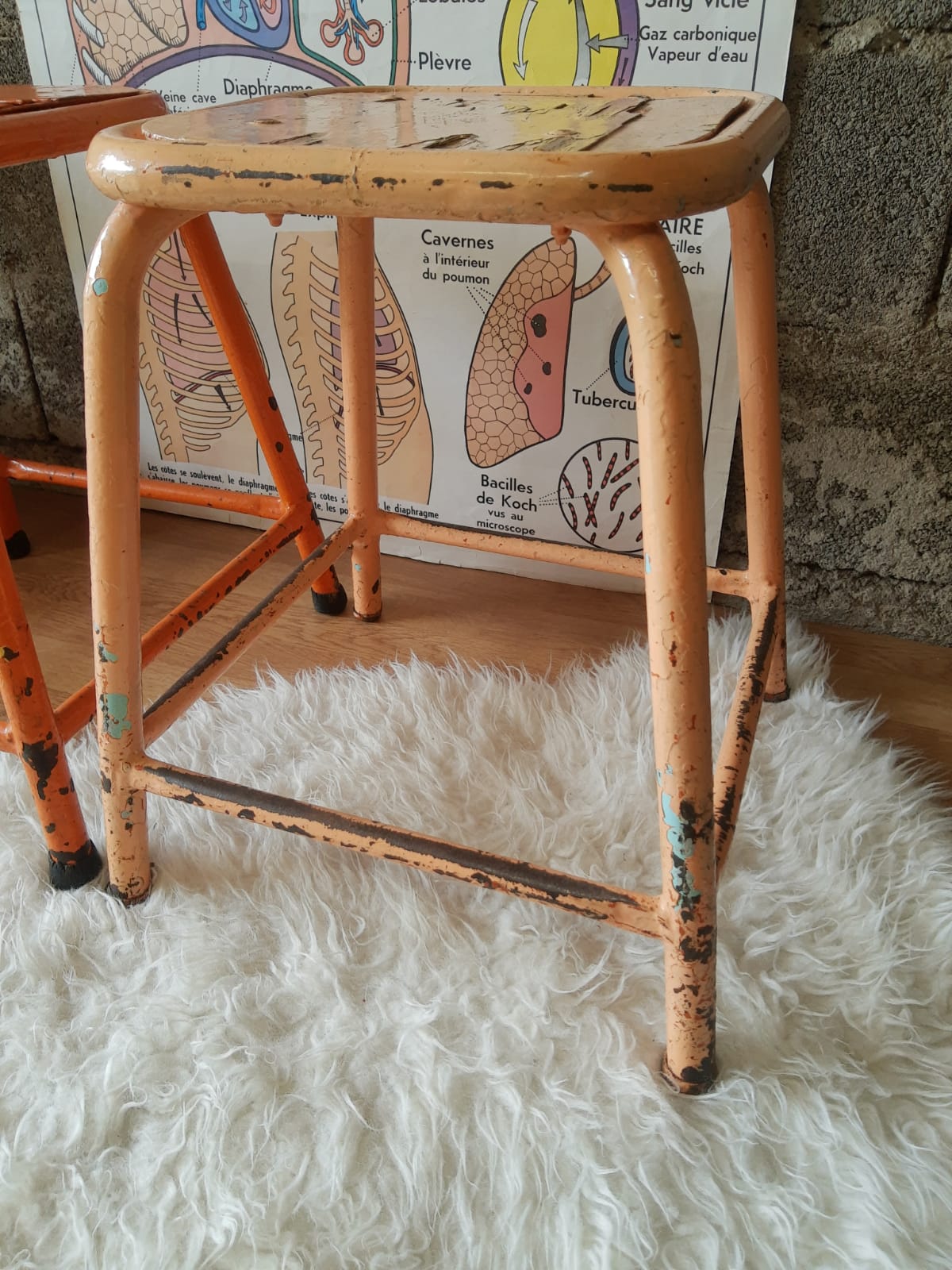 Pair of low metal stools industrial workshop - vintage