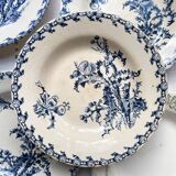 10 mismatched vintage soup plates in blue, green, and red ironstone