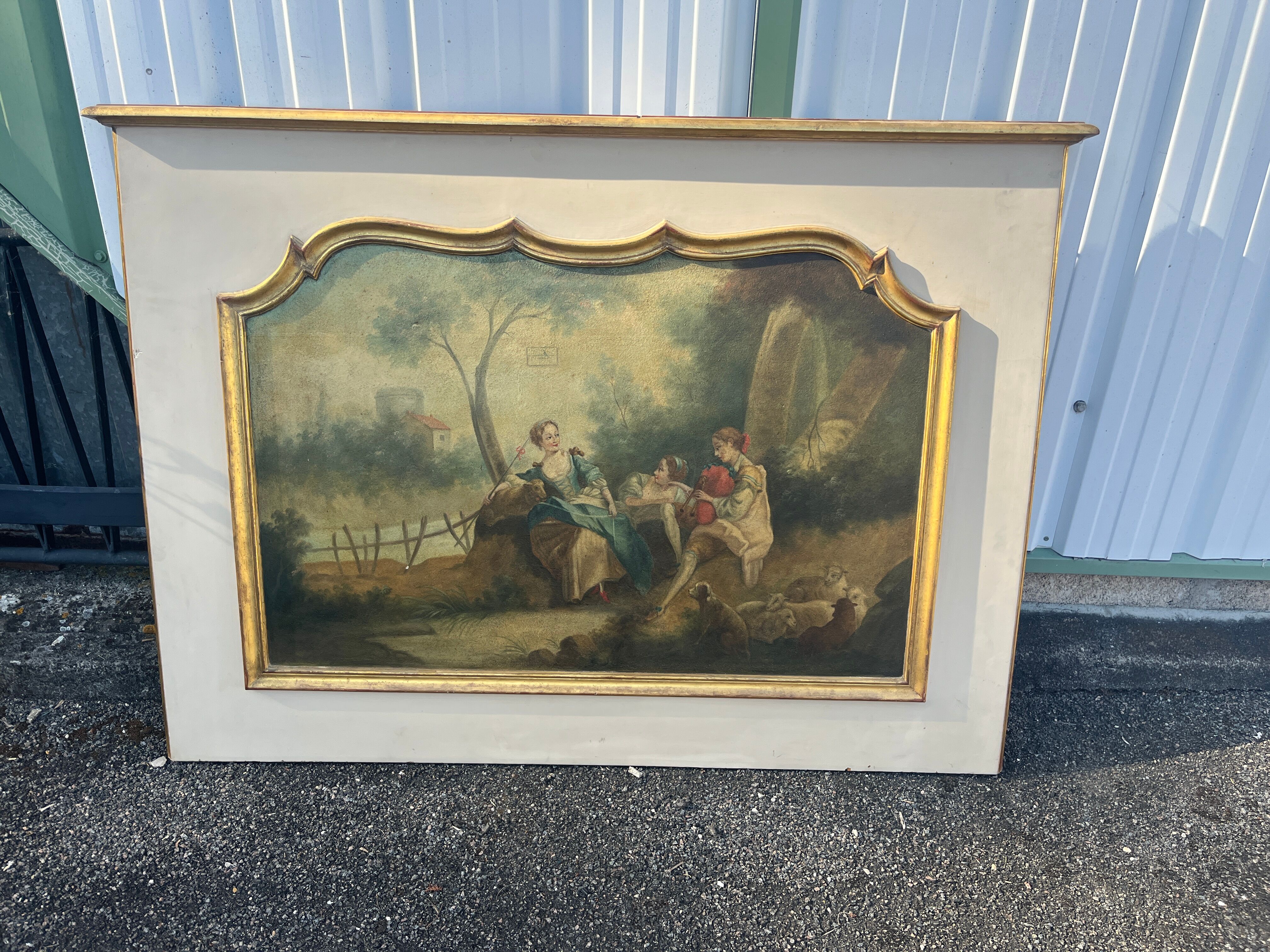 Antique Fireplace Trumeau in Louis XV Style - Gallant / Pastoral Scene at the