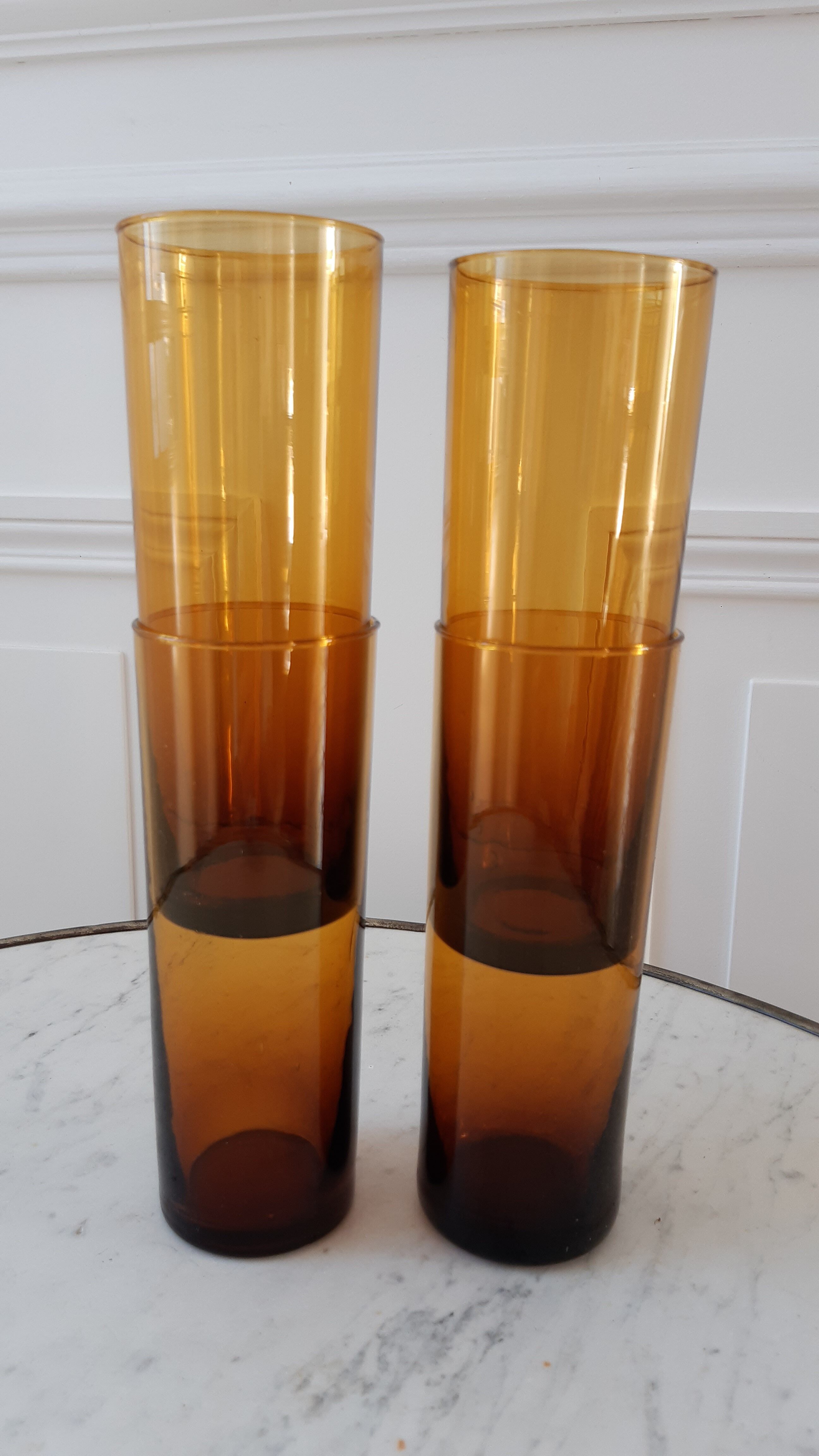 Set of 4 amber glass glasses with thick bottoms 70s