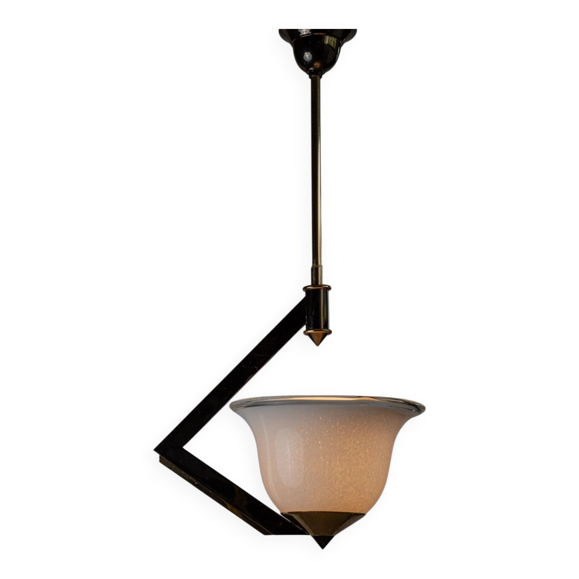 White Murano Glass Ceiling Lamp with Gold Metal Trim – 1980s Italian Vintage Triangular Chandelier