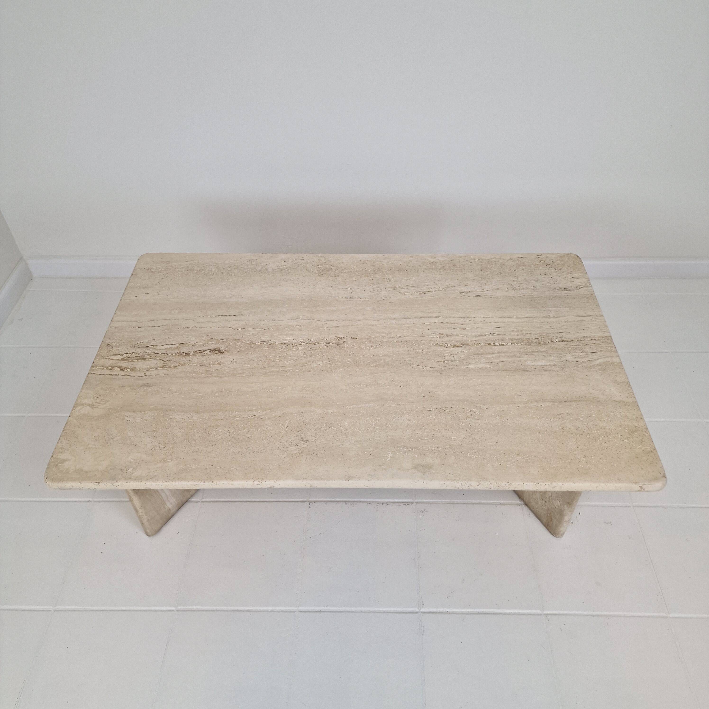 Robust Italian Travertine Coffee Table With two 3-leg Feet, 1980s