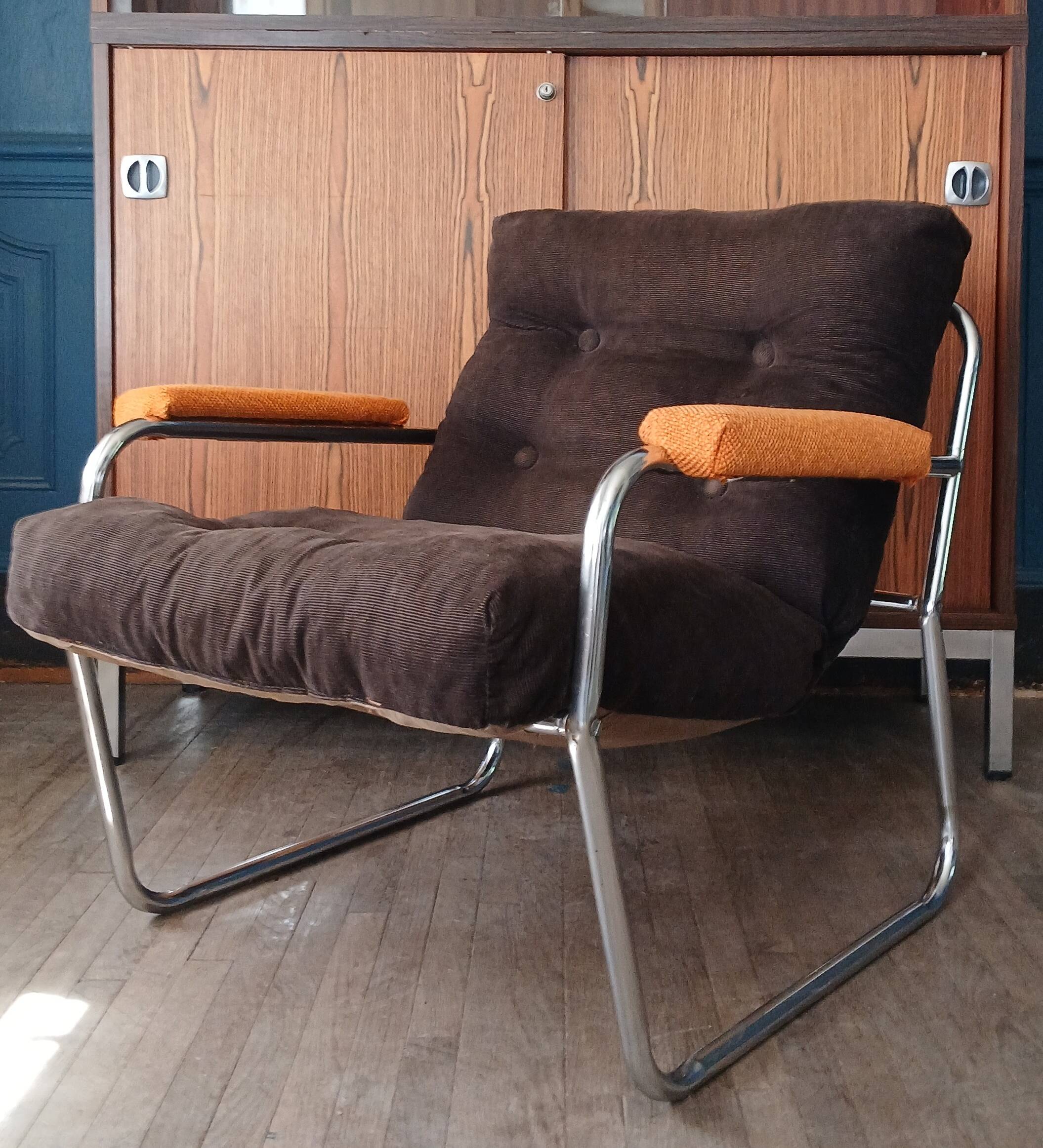 Fauteuil lounge style G.Lundgren pour Ikea, velours & tubes chromés 1970