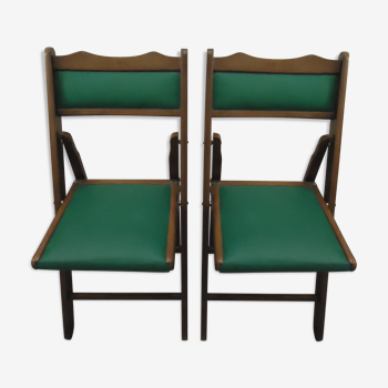 Paire chaises pliantes en bois & skaï -